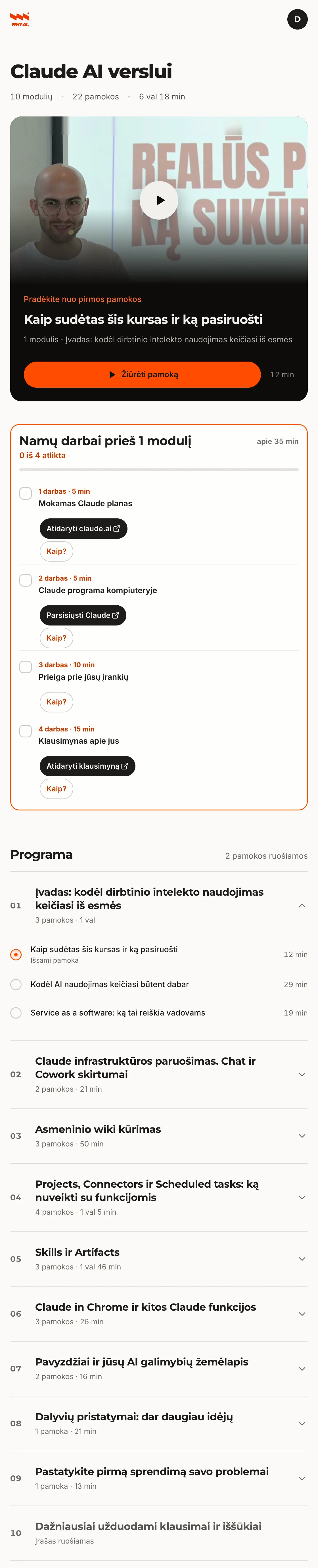 Kurso platforma: 10 modulių, 22 pamokos